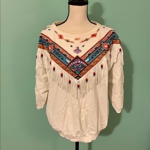 White Southwestern Aztec Navajo fringe beaded sweatshirt jacket